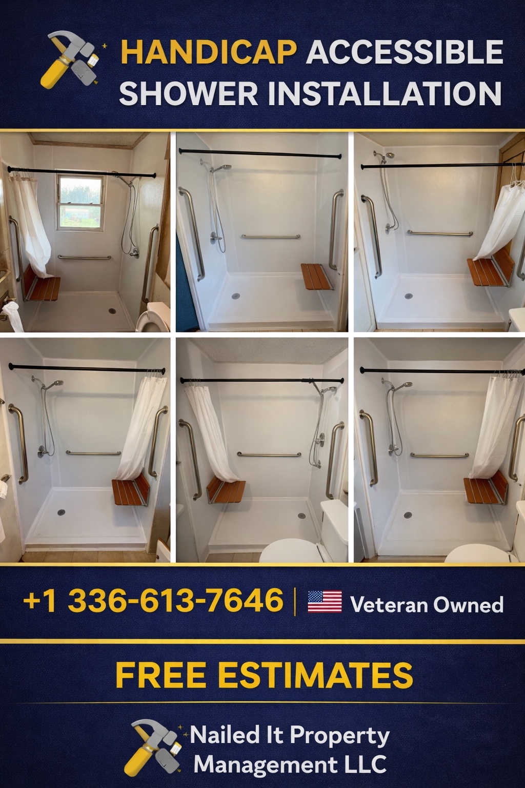 Handicap-accessible shower installation by Nailed It Property Management near Greensboro, North Carolina