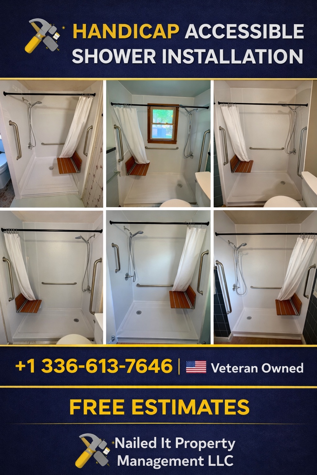 Accessible walk-in shower remodel with grab bars and built-in seating near Greensboro, NC