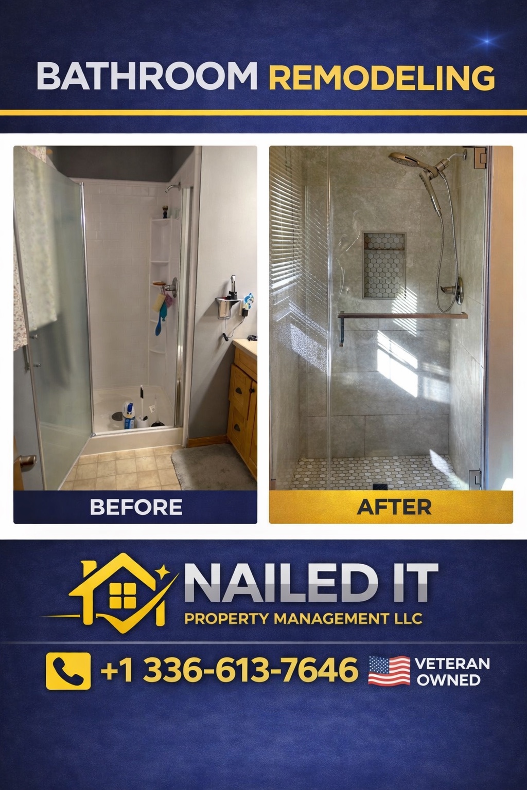 Before and after bathroom remodel with a modern vanity and glass shower