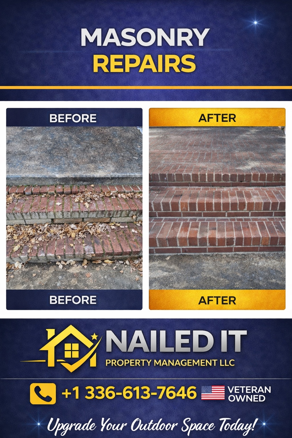 Before and after brick step and mortar repair in the Piedmont Triad