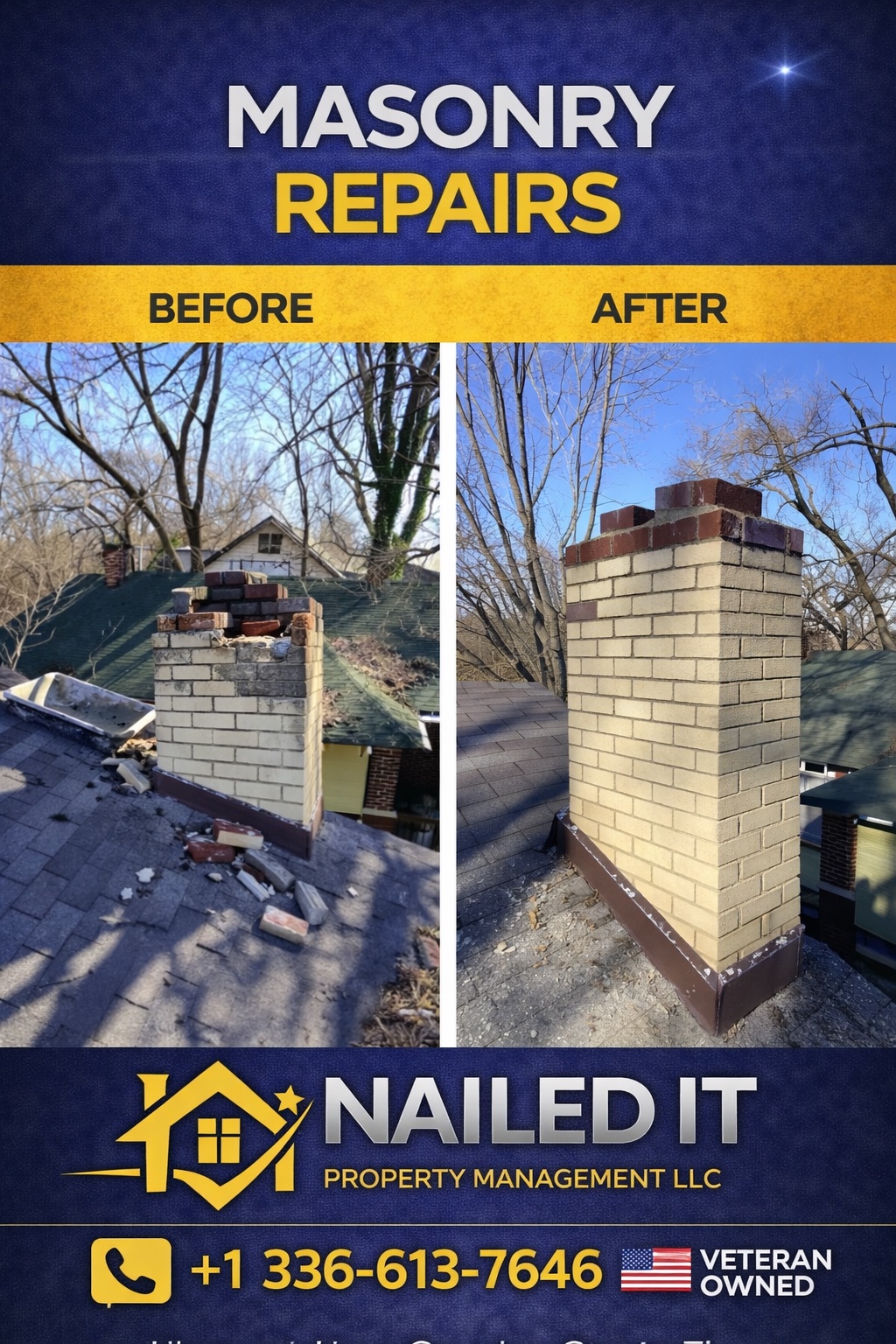 Before and after brick chimney masonry repair