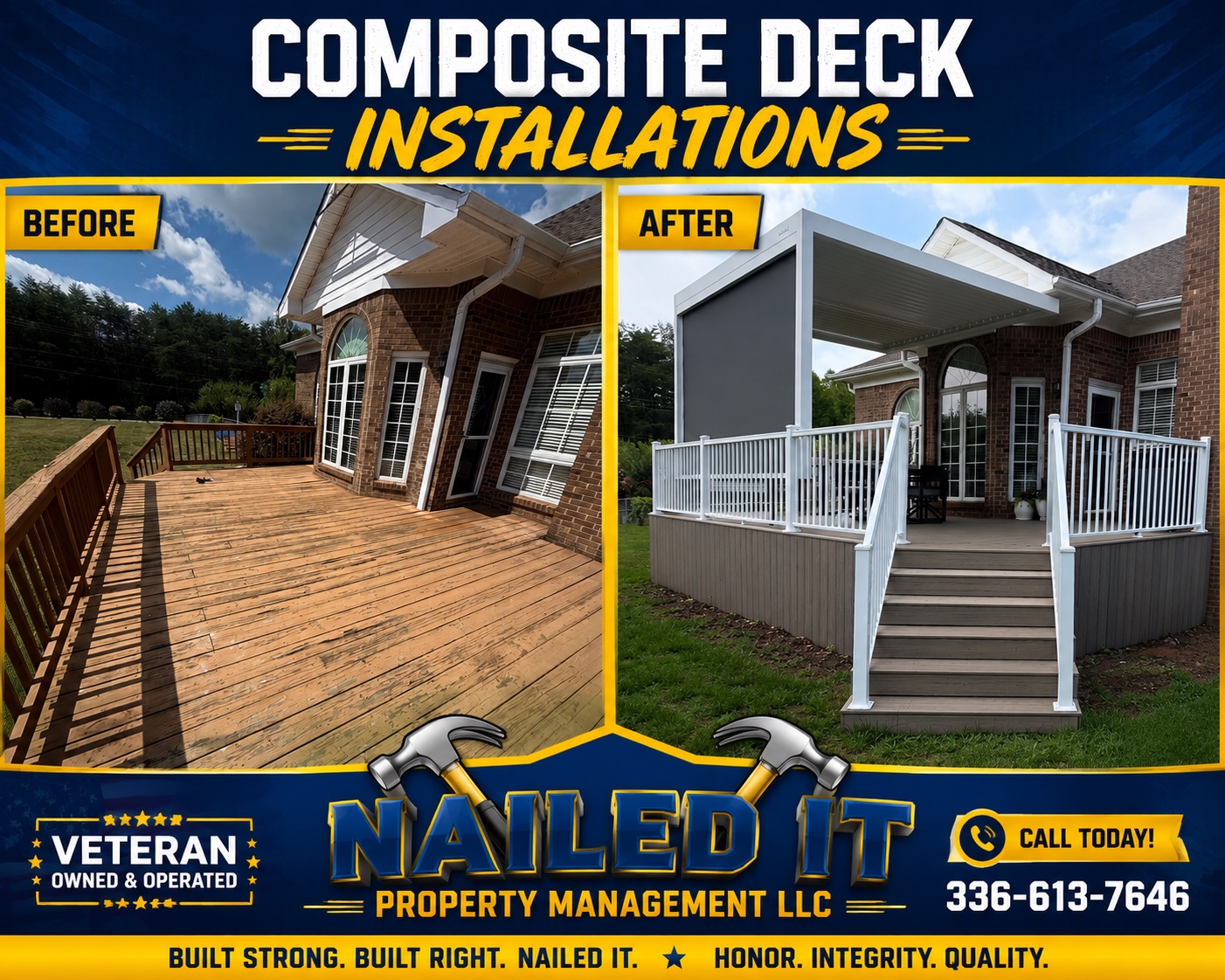 Before and after composite deck installation with white railing by Nailed It Property Management