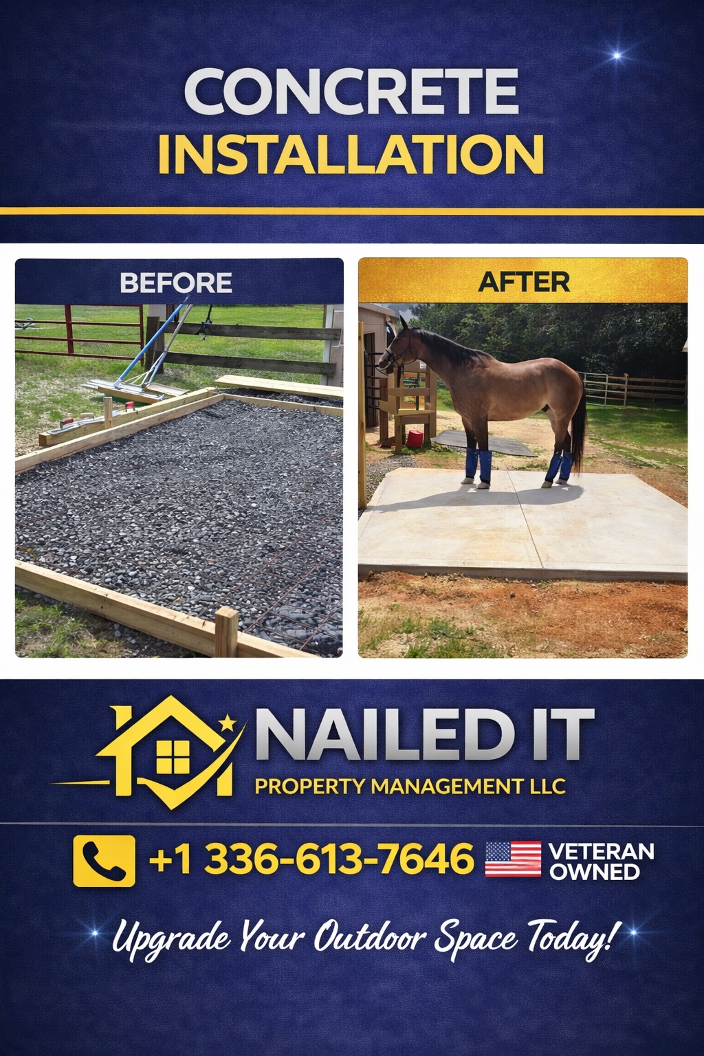 Before and after residential concrete pad installation near Greensboro, NC