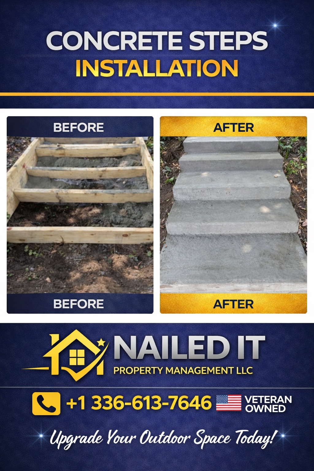 Before and after concrete step replacement and installation
