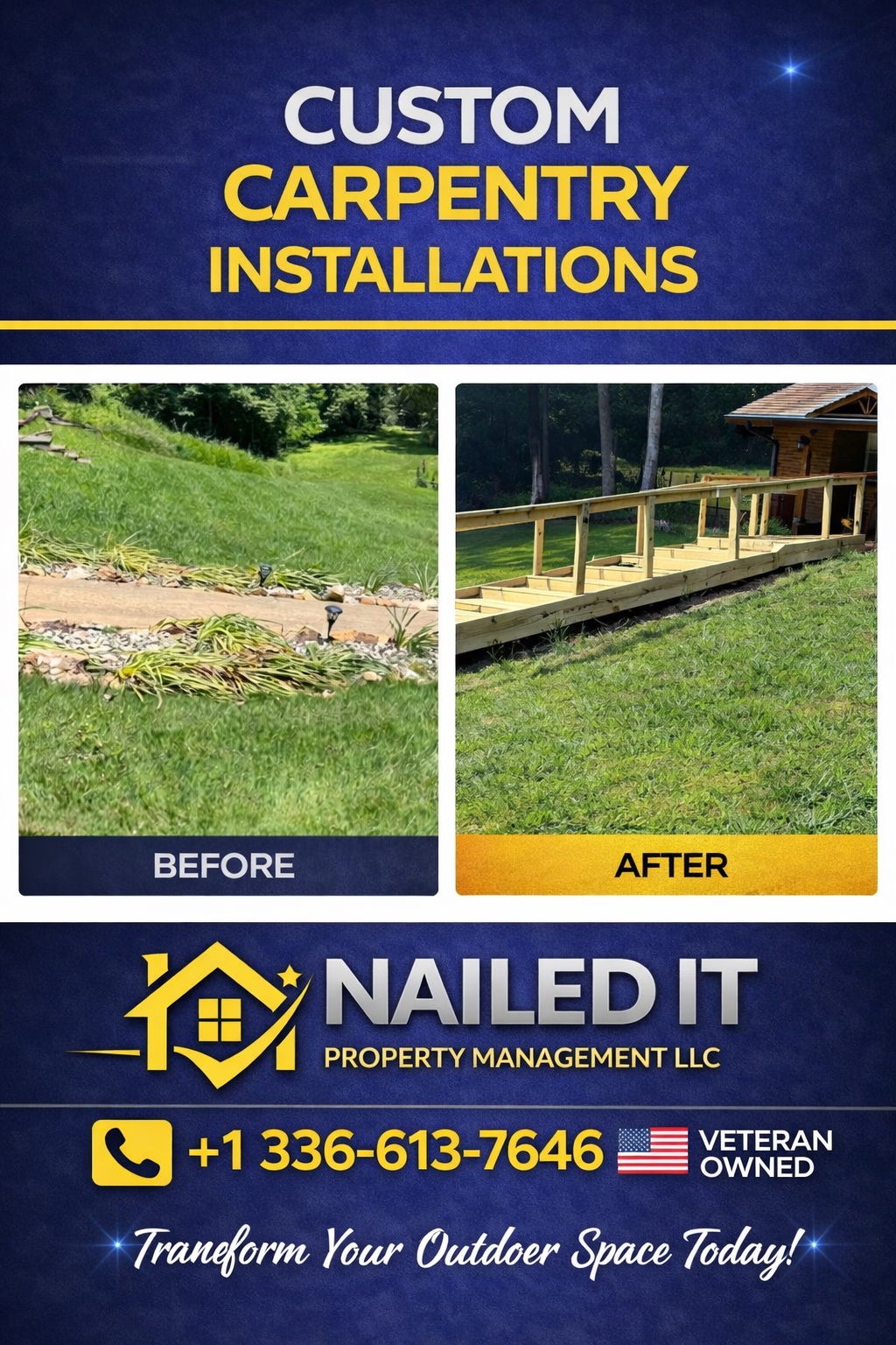 Before and after custom outdoor carpentry and raised walkway installation