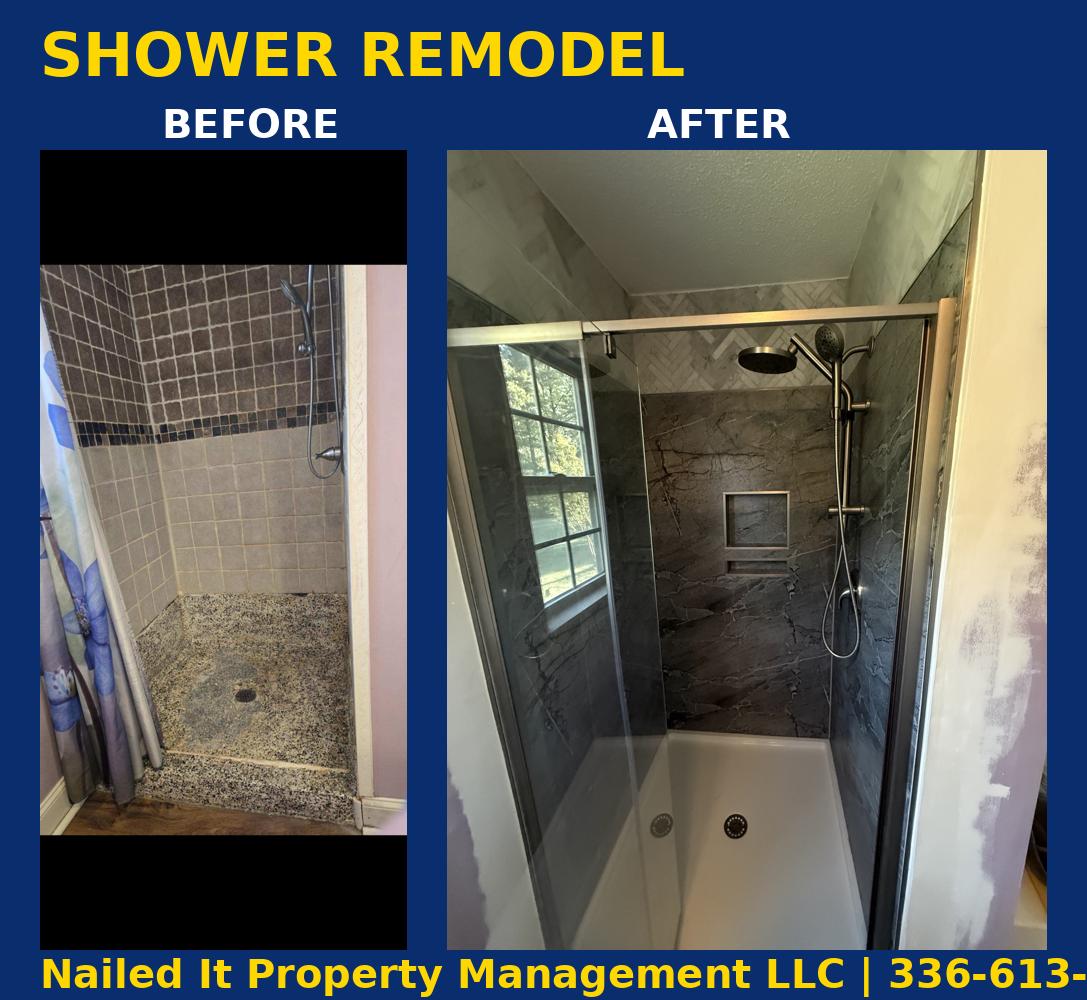 Before and after custom tile shower remodel with glass enclosure
