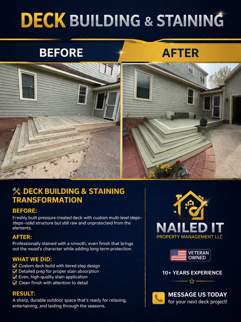 Before and after deck building, repair, and staining project