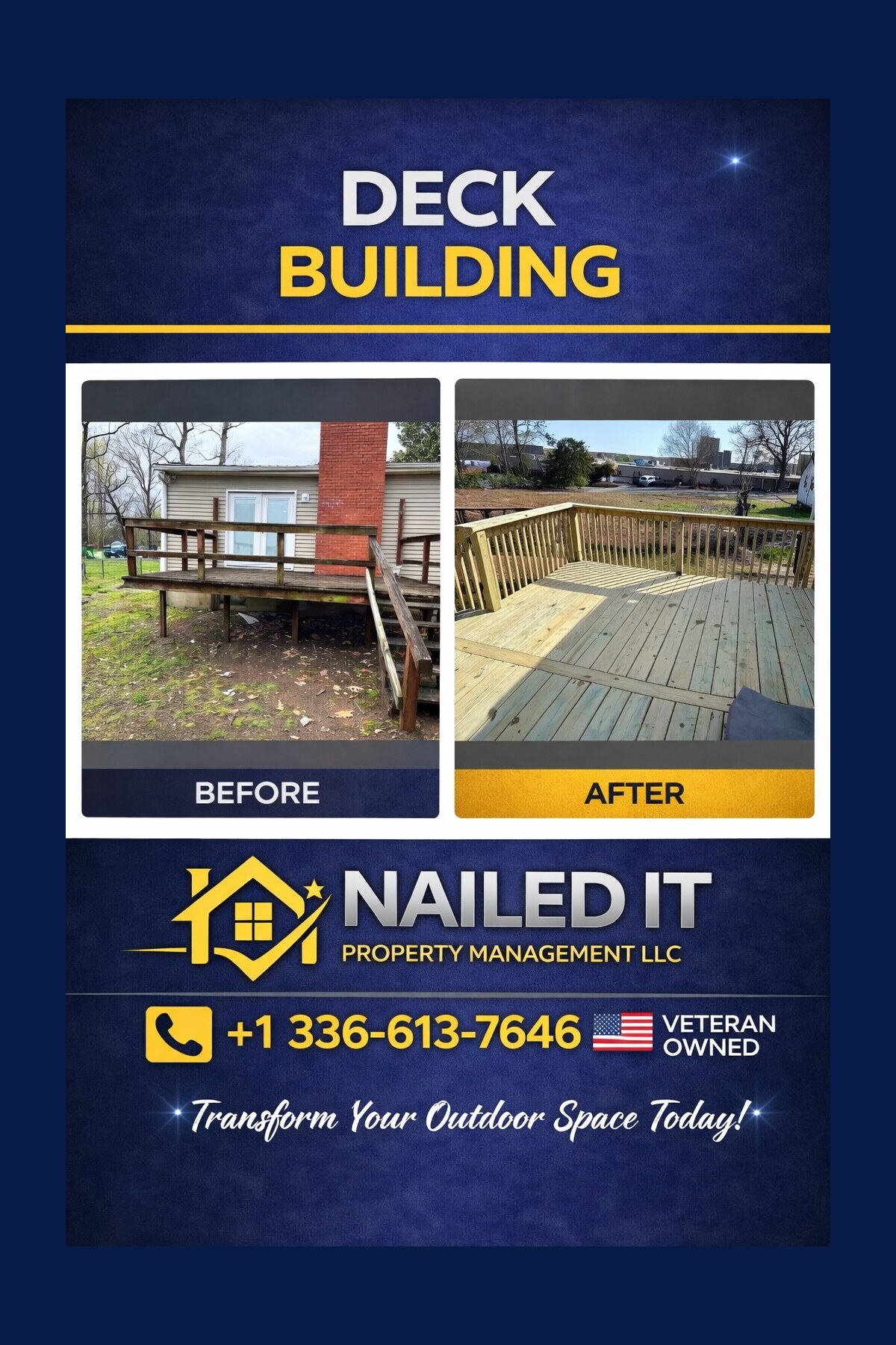 Real before and after deck-building project in the Piedmont Triad