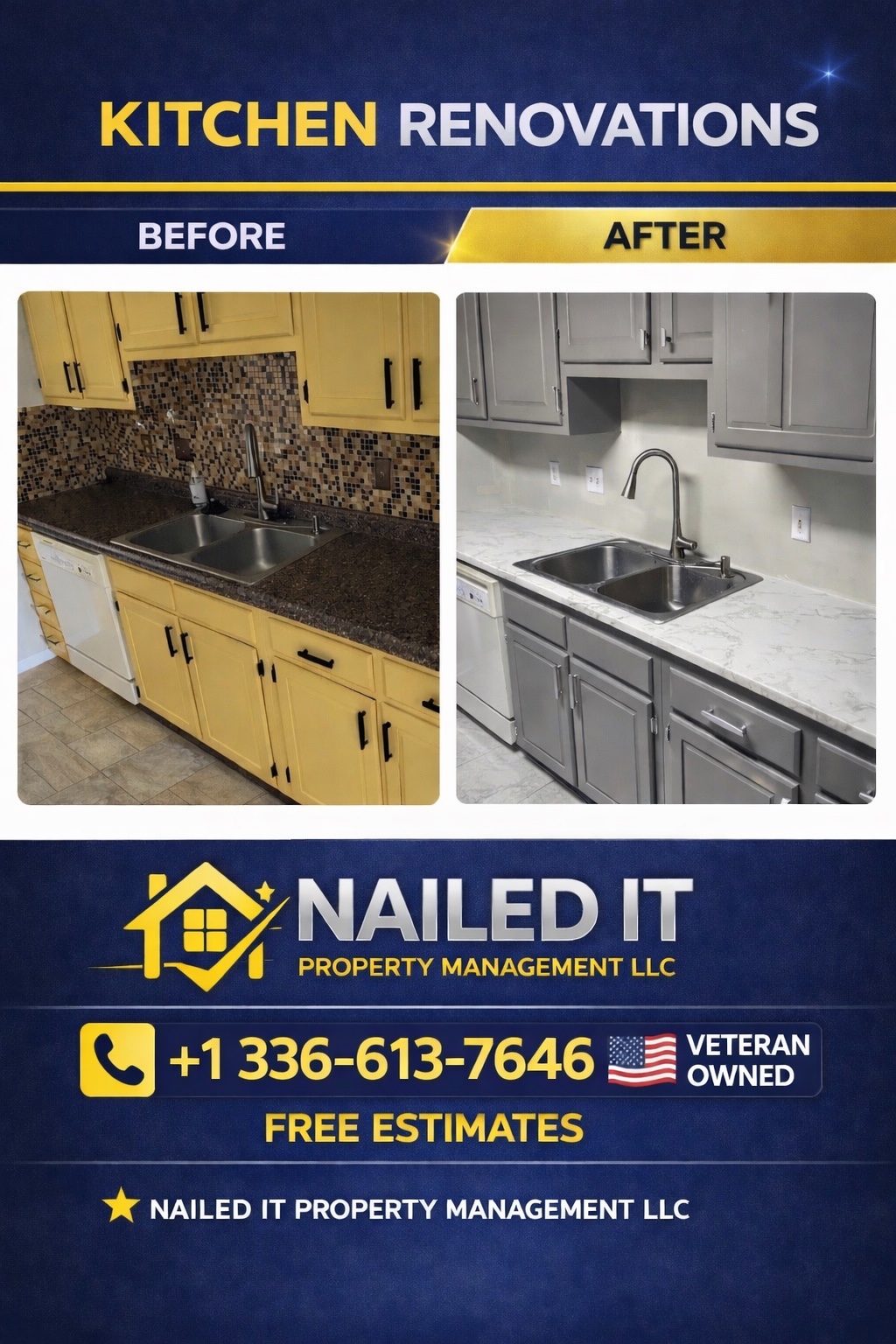 Before and after kitchen renovation with updated gray cabinetry and countertops