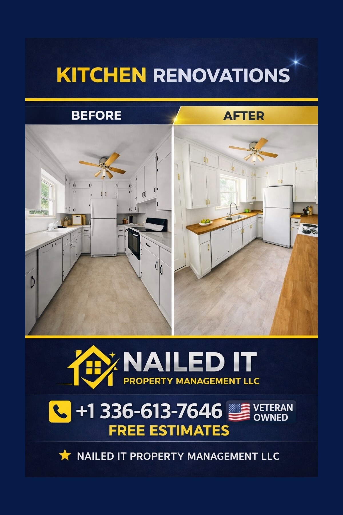 Before and after custom cabinet build and kitchen remodel completed by Nailed It Property Management