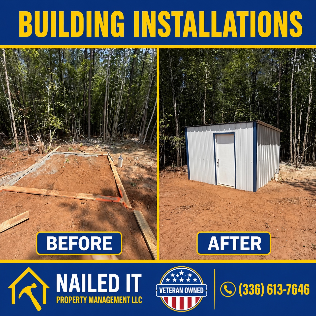 Before and after metal storage building installation in the Greensboro area