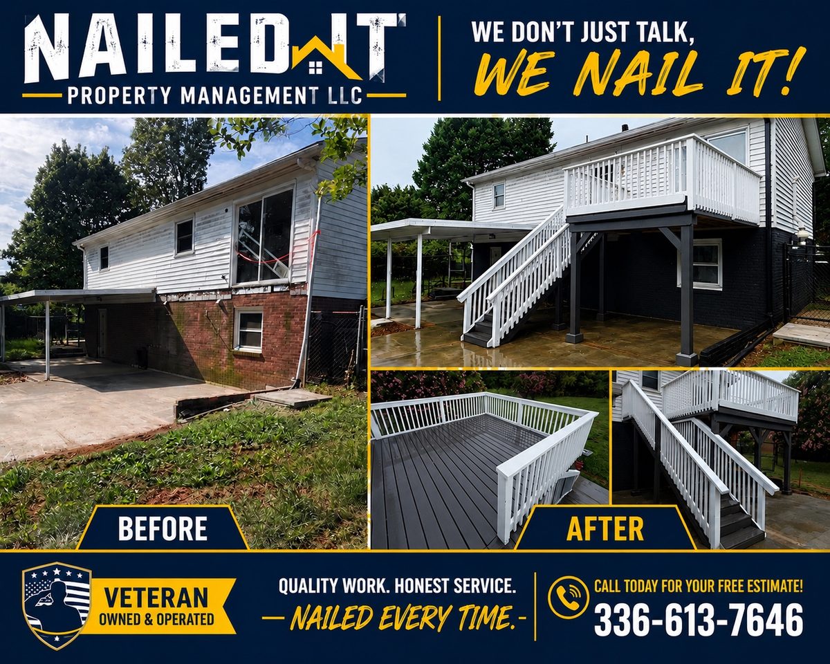 Before and after raised deck replacement with stairs and white railing