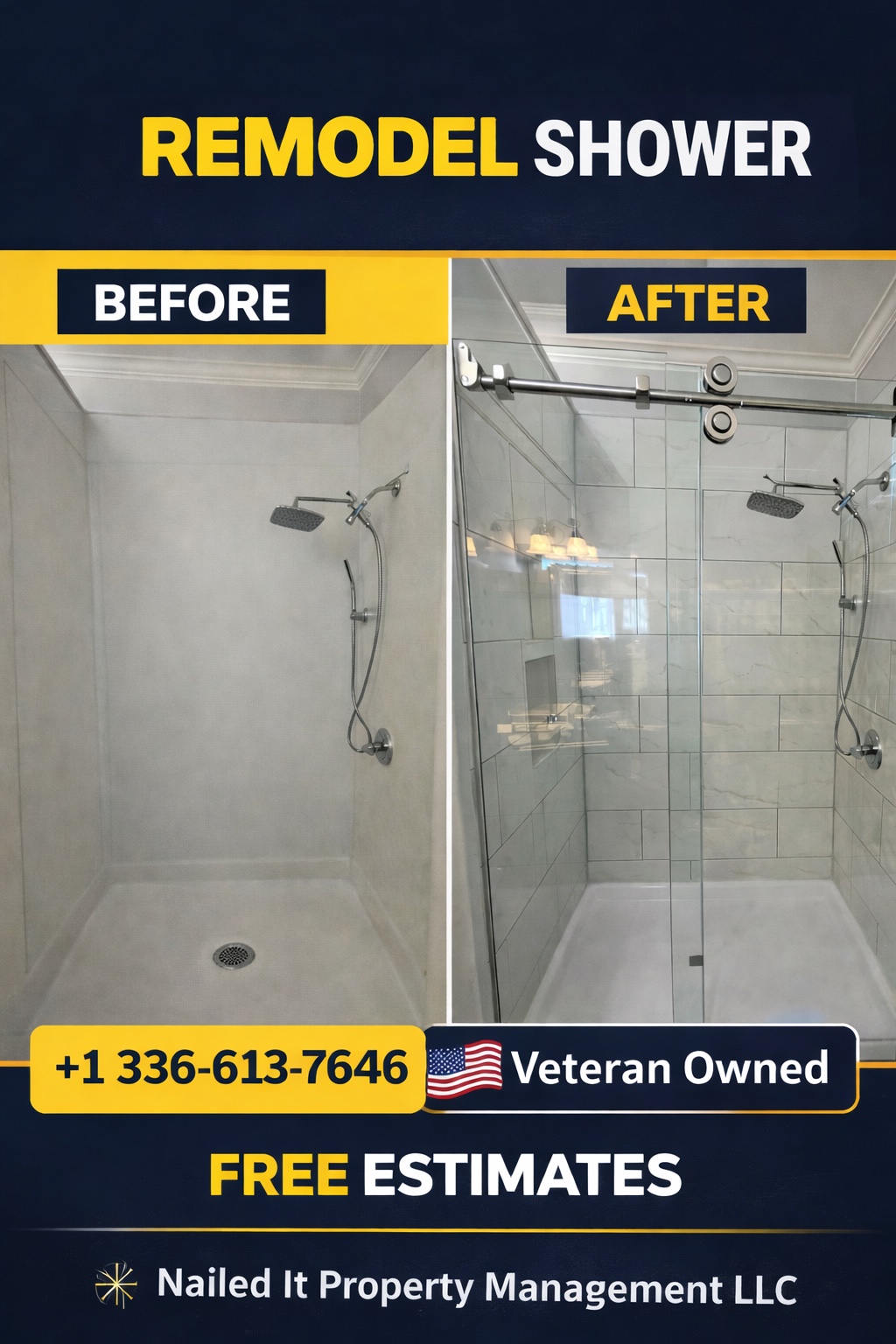 Before and after shower remodel with new tile and glass enclosure