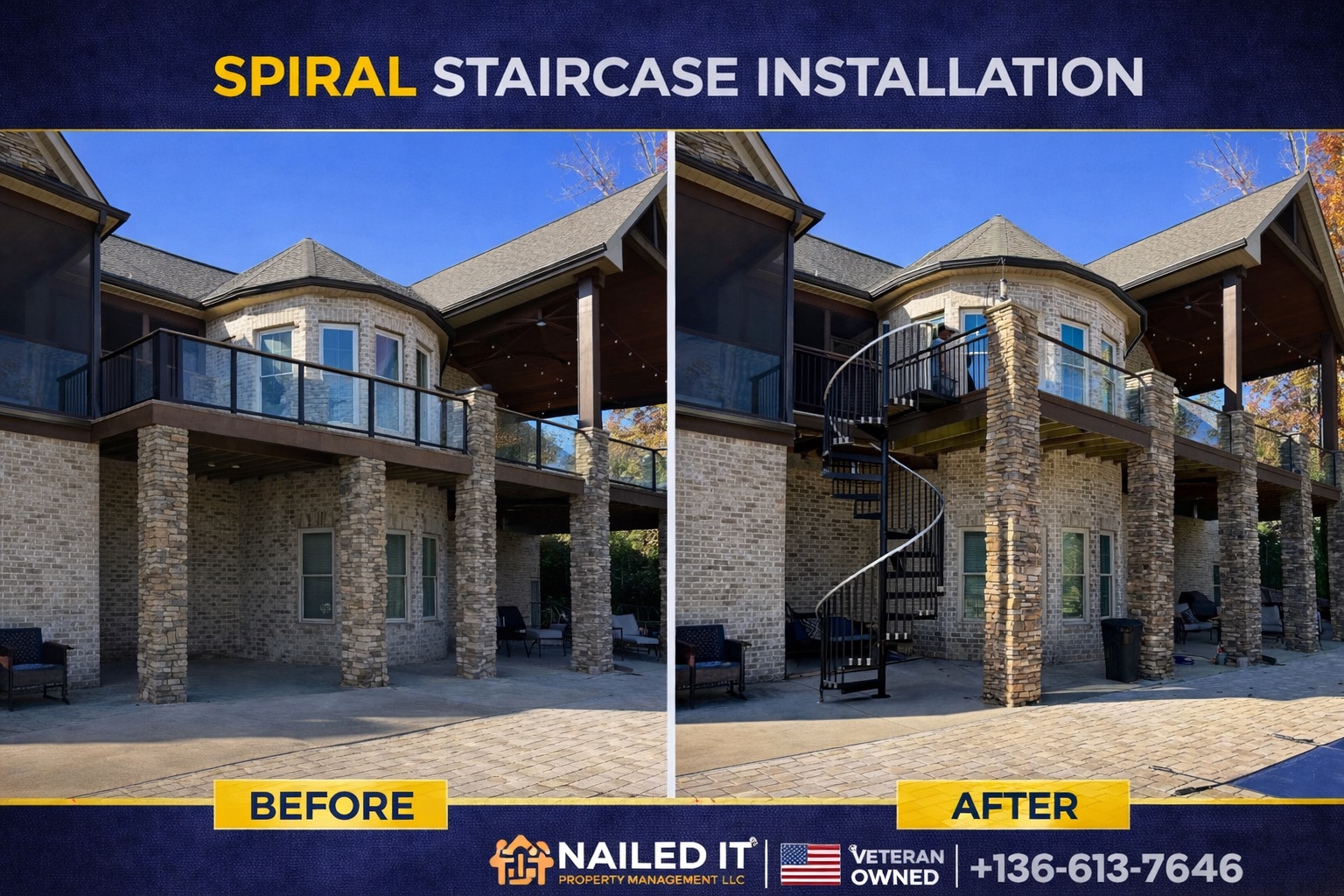Before and after exterior spiral staircase installation