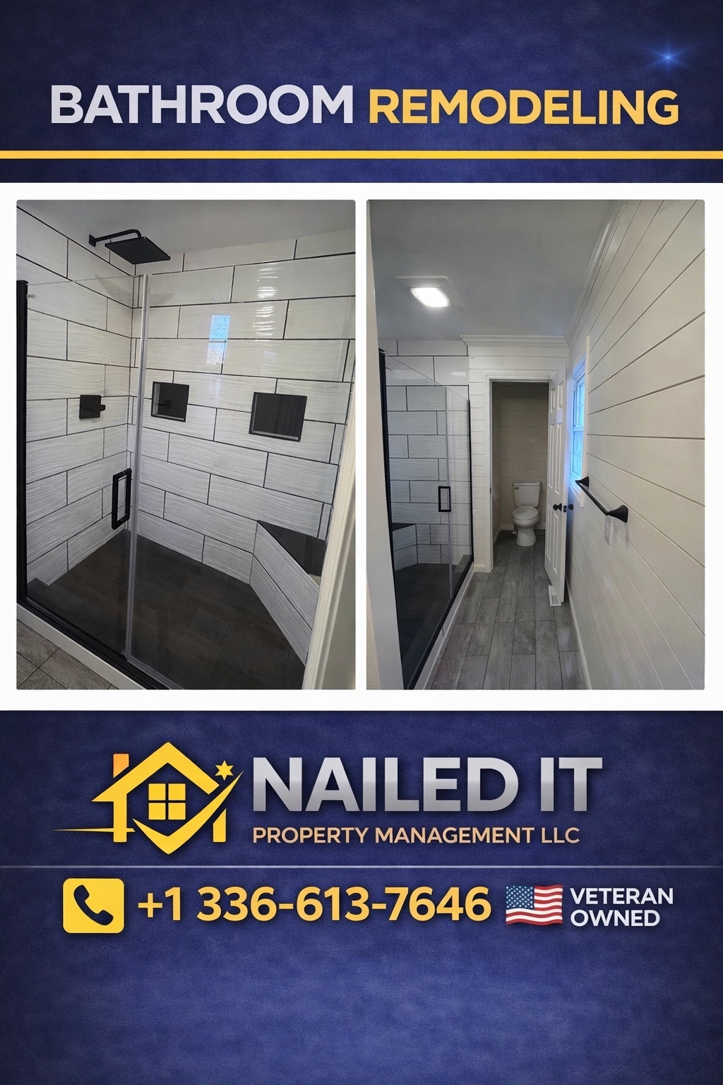 Finished walk-in tile shower with niche, bench, grab bars, and glass door