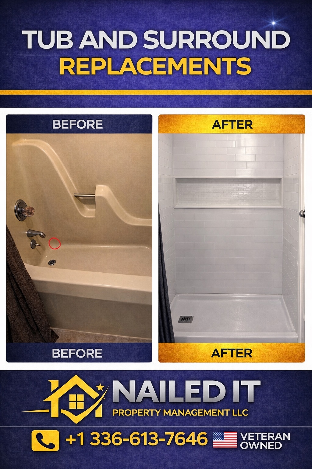 Before and after bathtub and wall surround replacement