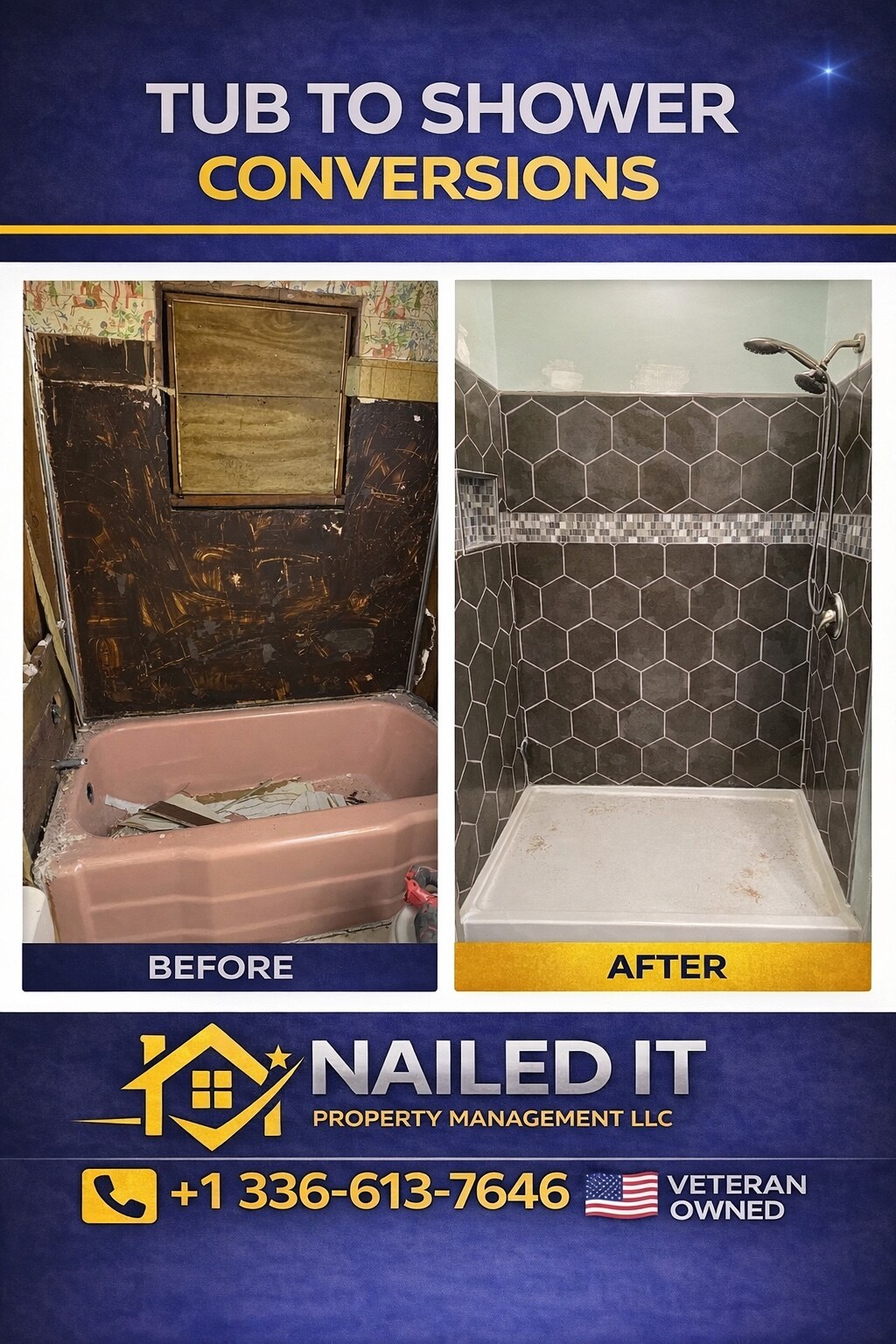 Before and after tub-to-shower conversion completed by Nailed It Property Management